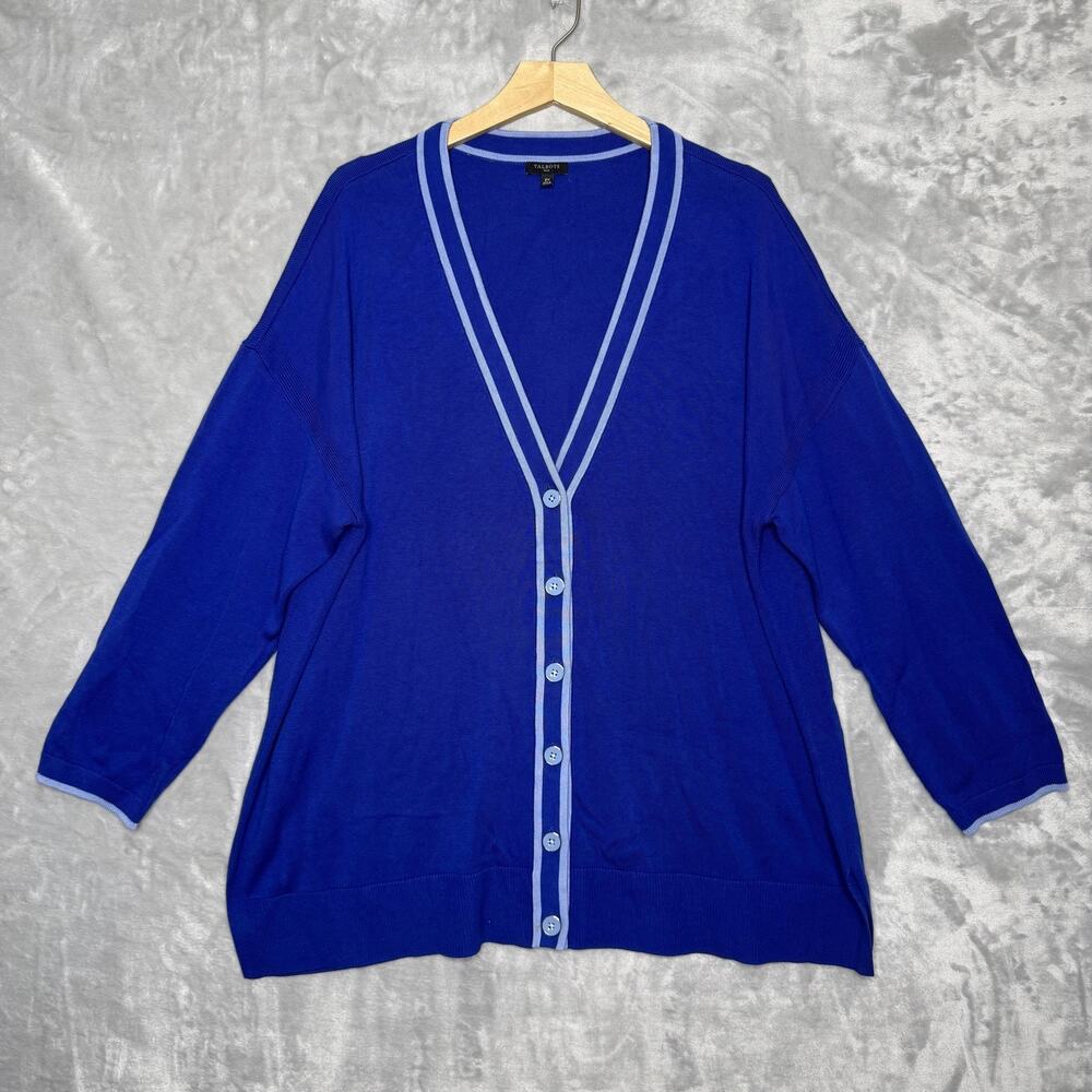 Talbots Cardigan Sweater Womens 2X Blue Button Front V Neck Contrast Trim Plus